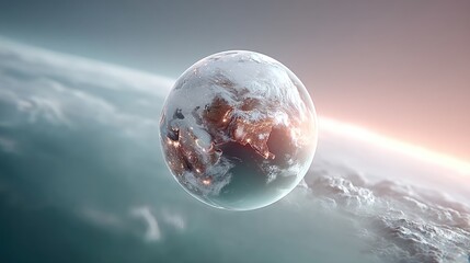 Glowing Earth Hologram Floating in Space with Futuristic Global Network on Cloudy Background in Shades of Blue and Orange