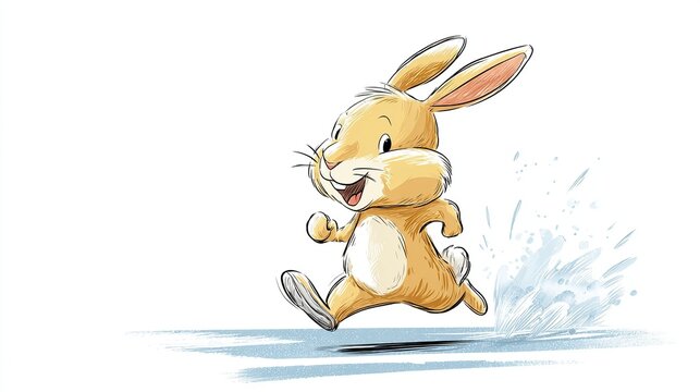 A cartoon rabbit, in mid-stride, appears joyful and running, splashing a watery substance below its feet
