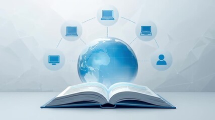 Open book displaying a digital globe with connected devices, symbolizing global knowledge sharing - Powered by Adobe