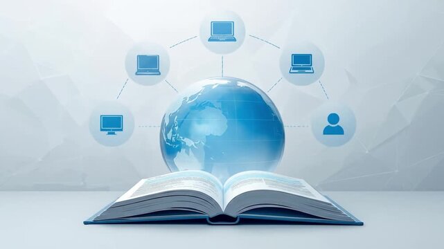 Open book displaying a digital globe with connected devices, symbolizing global knowledge sharing