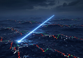 Financial market volatility depicted as ocean waves with candlestick charts and a rising blue light beam representing growth.