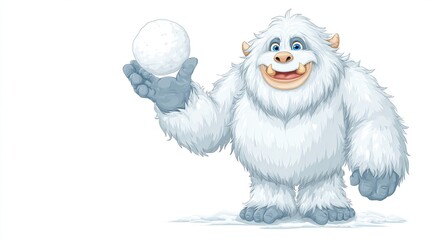 A cheerful, cartoon yeti, white fur, blue eyes, holds a small snowball, smiling widely against a white background