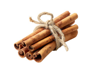 Aromatic cinnamon sticks bundle tied with twine, Isolated On White Background, Png Transparent