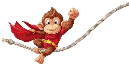 Cheerful cartoon monkey, dressed as a superhero with a red cape, swinging on a rope against white
