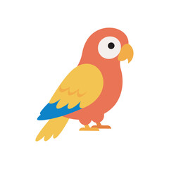 Bright flat vector illustration of a colorful parrot with red body, yellow wings, and blue tail, tropical exotic bird design isolated