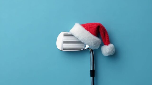 A golf club head wearing a Santa hat against a blue background.