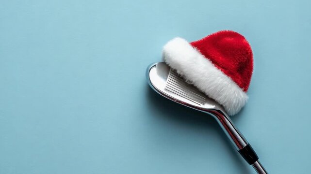 A golf iron with a red Santa hat perched on its club head against a light blue background