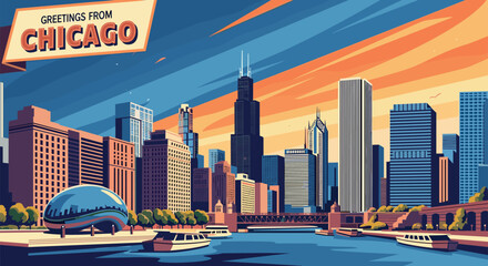 Obraz premium Chicago Vector Travel Poster, Cinematic Minimal Landscape Art