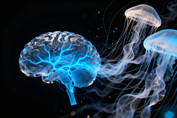 Futuristic Blue Brain Medusa Underwater Energy Flow