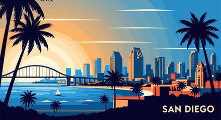 Obraz premium San Diego Vector Travel Poster, Cinematic Minimal Landscape Art