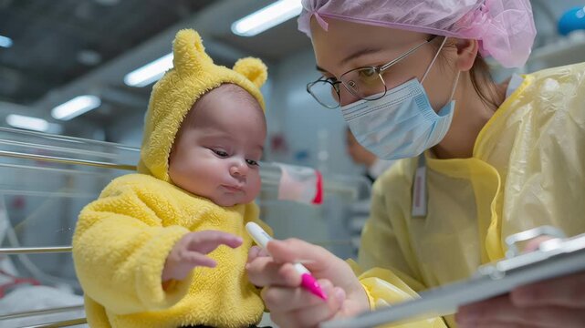 An infant nurse hospital yellow costume healthcare newborn pediatric care medical examination mask clipboard professional safety protection uniform b