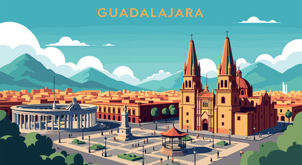 Guadalajara Vector Travel Poster, Cinematic Minimal Landscape Art