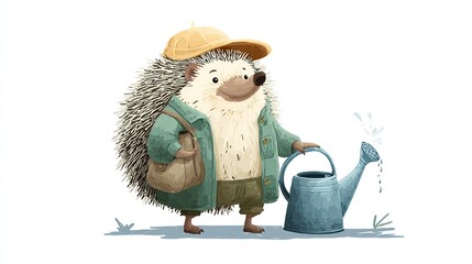 A cheerful hedgehog in a green jacket and yellow cap waters plants with a blue watering can, carrying a brown satchel.  The illustration is whimsical and 