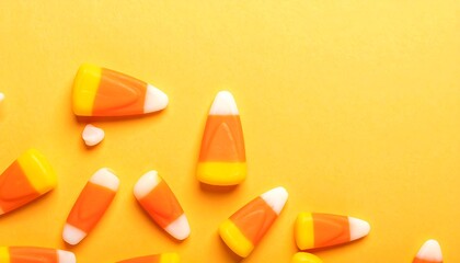 Candy corn scattered on an orange background