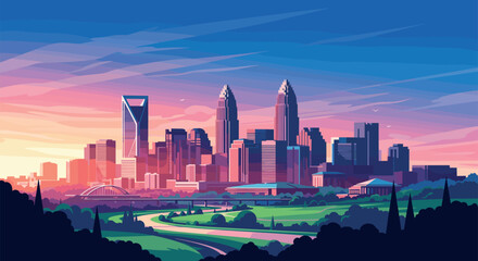 Charlotte Vector Travel Poster, Cinematic Minimal Landscape Art