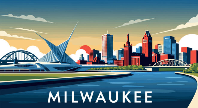 Milwaukee Vector Travel Poster, Cinematic Minimal Landscape Art