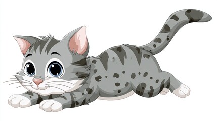 Cute gray tabby kitten lying down, looking up