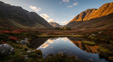 Scenic mountain landscape with calm reflective lake under clear blue sky