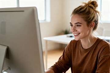 Young woman with blonde hair tied up in a bun smiling while working on a desktop computer in an office setting