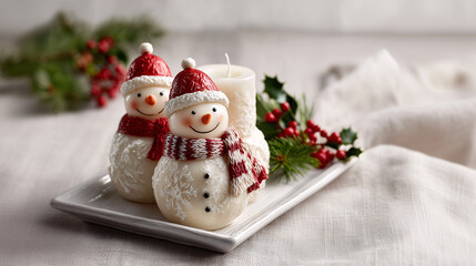 Festive Snowman and Candle: A charming scene featuring a pair of snowman figurines, accompanied by a candle, all arranged with festive greenery, creating a cozy and joyful atmosphere.