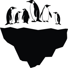 Penguin Family on Iceberg Black Silhouette: Antarctic Wildlife and Climate Change Vector Illustration. © Munna_SH