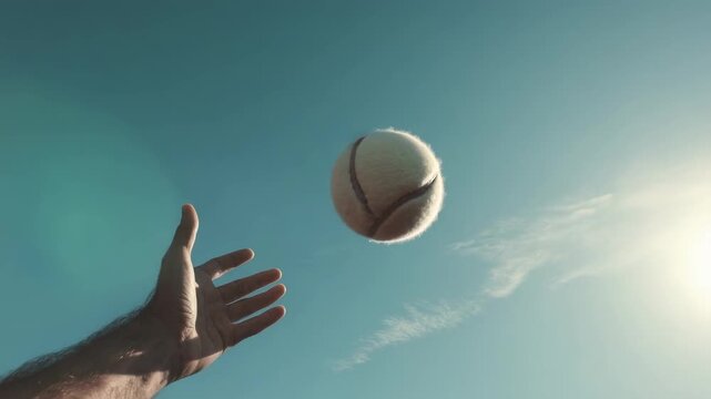 An outstretched hand reaching for a baseball in midair against a clear blue sky.