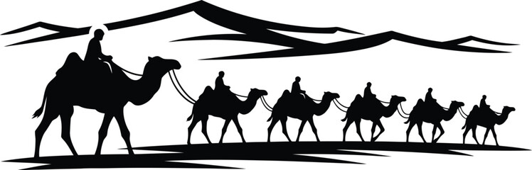 Desert Camel Caravan Black Silhouette: Line of Dromedaries and Riders on Sand Dunes Vector Graphic.