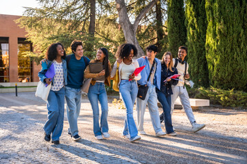 Obraz premium Diverse group of university students walking on campus