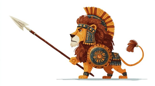 Cartoon lion warrior in ornate armor, holding a spear, ready to fight, with a determined expression