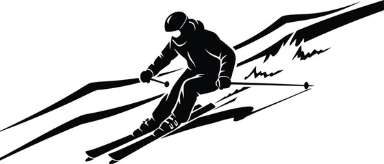 Dynamic Downhill Skier Black Silhouette: Extreme Winter Sport Action on a Steep Mountain Slope Vector.