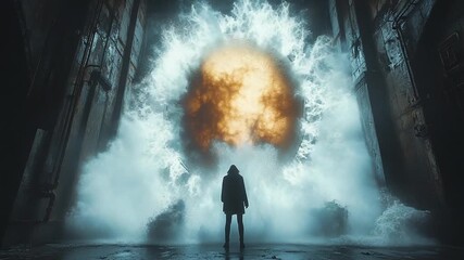 Mysterious Hooded Figure Before a Suspended Fireball Explosion.