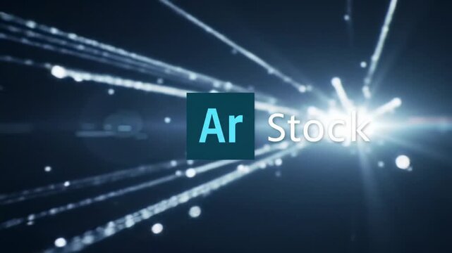 Intricate digital animation: intensely glowing white lines and data points flow across a deep blue void, converging precisely through the Adobe Stock logo, embodying sophisticated data convergence