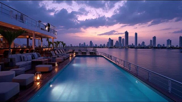 Rooftop infinity pool overlooking a city skyline at sunset.  Modern furniture and a bar are nearby