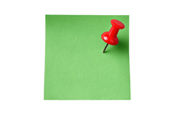 A red pushpin on a lime green sticky note