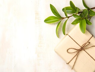 Gift box with twine and green leaves on a white wooden surface for a special occasion