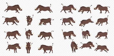 Collection of cartoon warthogs in various poses, including running, walking, and standing.