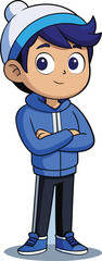 A cartoon boy wearing a blue hoodie and beanie with arms crossed illustration child vector illustration EPS file download.