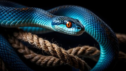 Fototapeta premium Blue snake coiled on a rope with striking orange eyes on a dark background