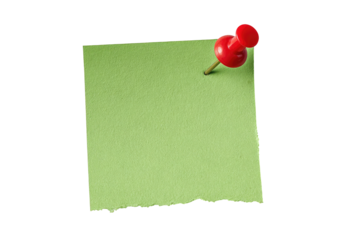 A light green sticky note with a red pushpin