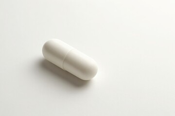 White capsule pill on clean minimal background with soft lighting and empty space for text concept of healthcare medicine vitamins and pharmaceutical products