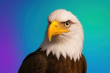 Fototapeta premium Bald eagle with intense look on cool blue gradient background ideal for patriotism strength and freedom-themed visuals
