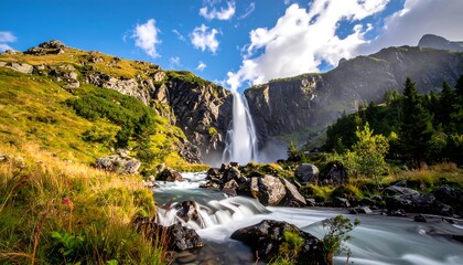 Mountain waterfall cascading down rocky cliffs