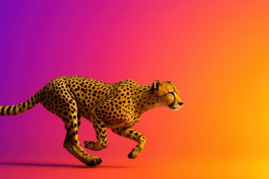 Cheetah sprinting on colorful gradient background with clean space for text, ultra-realistic premium visual for advertising speed efficiency and digital innovation