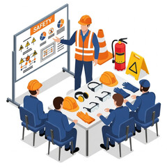 Isometric Vector Illustration of Workplace Safety Training with Construction Workers and Protective Equipment
