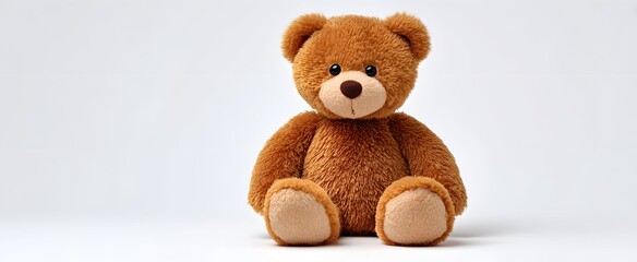Obraz premium The brown teddy bear is seated alone against a plain white background.