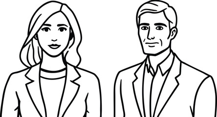Minimalist single line drawing of a smiling woman and a man in suits black white vector illustration EPS file download.