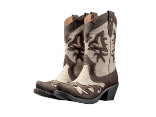 Stylish brown and beige embroidered cowboy boots pair, Isolated On White Background, Png Transparent