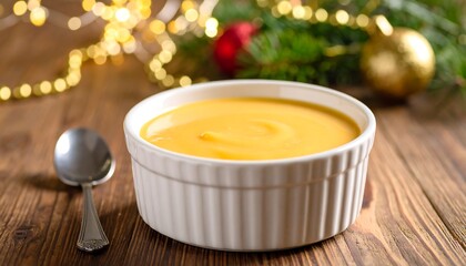 Creamy, golden dessert in a white bowl on a wooden table, festive holiday background