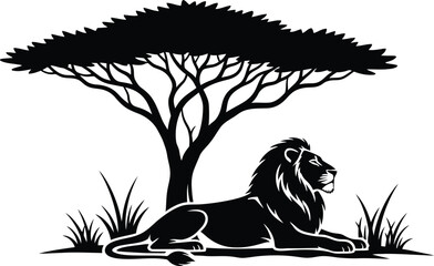 African Lion Under Acacia Tree Silhouette: Majestic Lion Lying Down in the Grass Beneath a Flat-topped Tree, Black Vector Graphic for Safari and Wildlife.