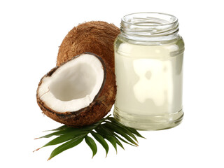 Fresh coconut and jar of virgin coconut oil, Isolated On White Background, Png Transparent